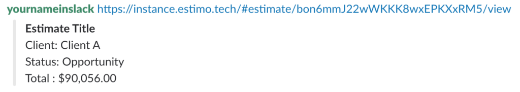 An example Estimo URL in Slack, after integration